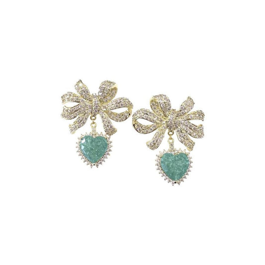 sparkly bow earrings with green drop stone