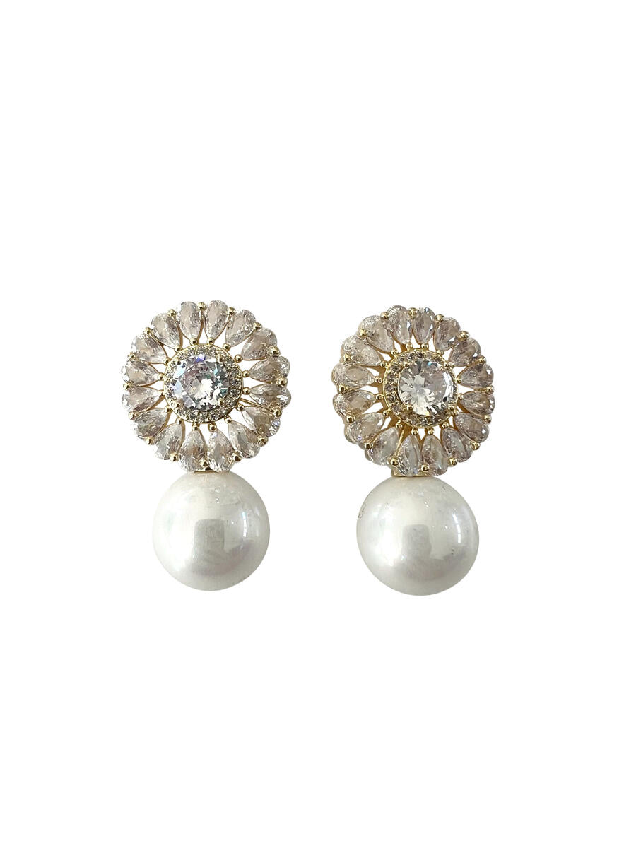 post pearl gold bling earrings