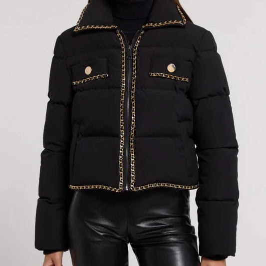 black puffer jacket with gold chain trim