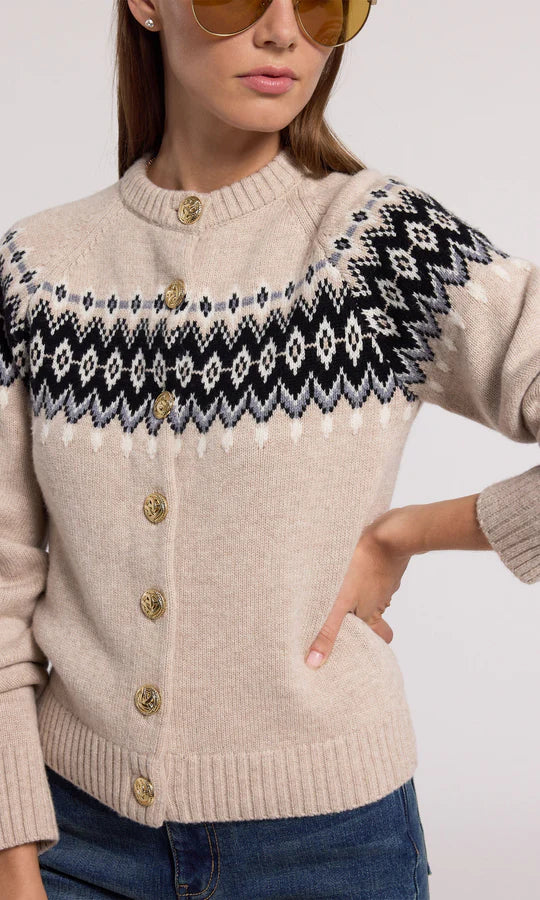 beige fair isle sweater with detailed gold buttons