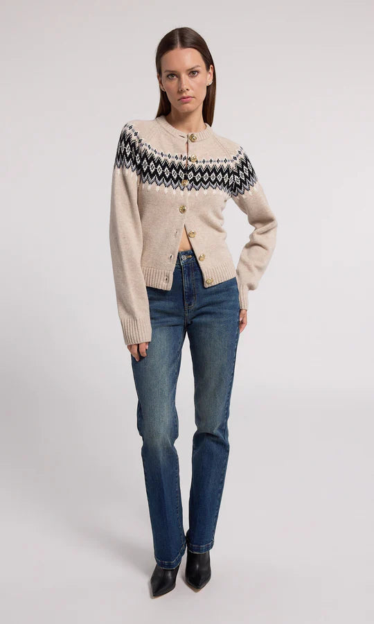 beige fair isle sweater with detailed gold buttons