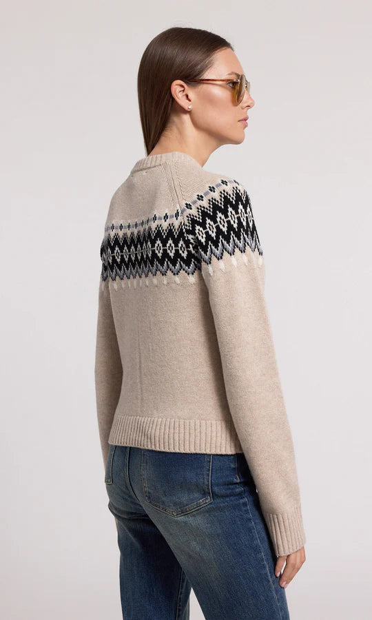 beige fair isle sweater with detailed gold buttons