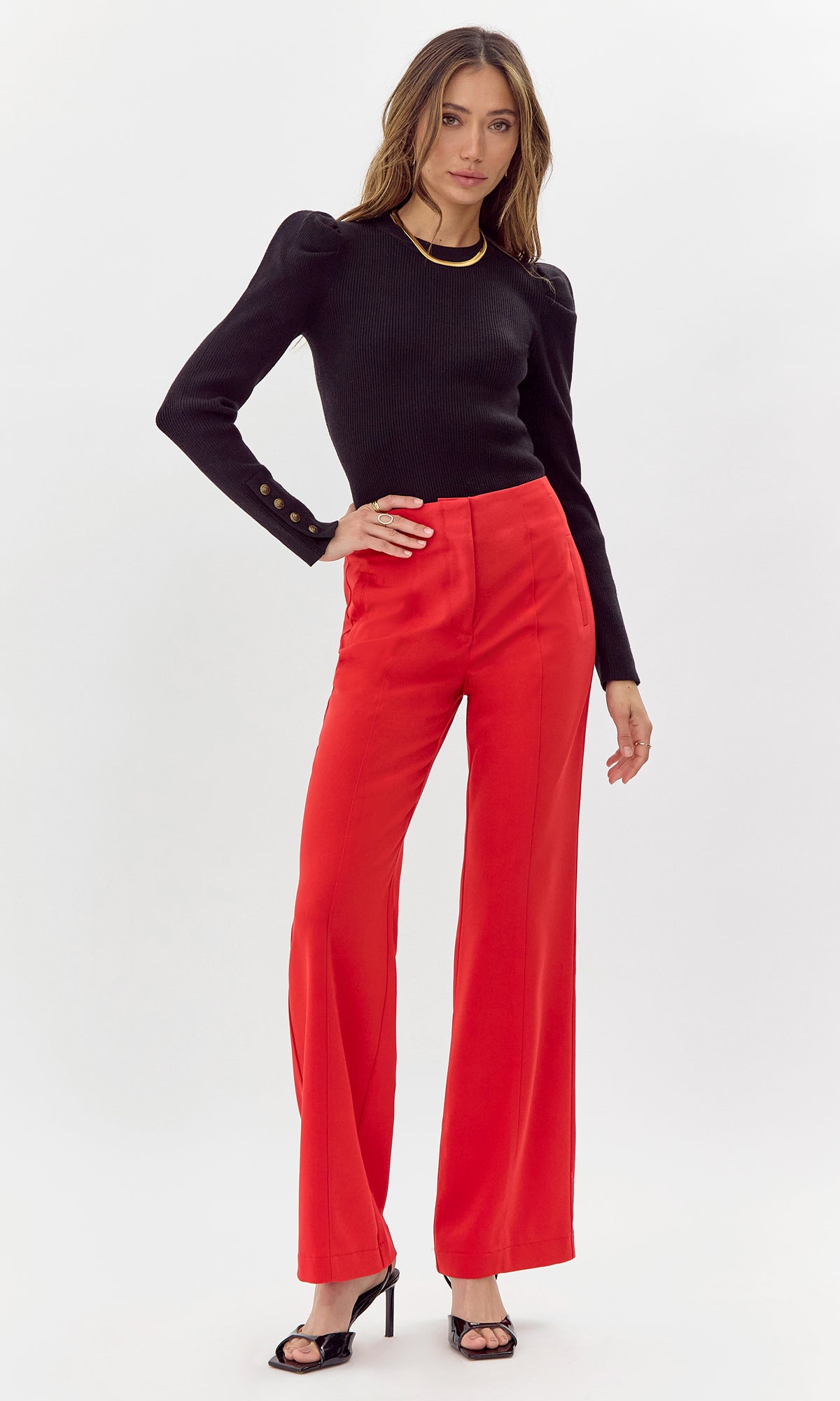 bright red wide leg mid rise slacks trousers