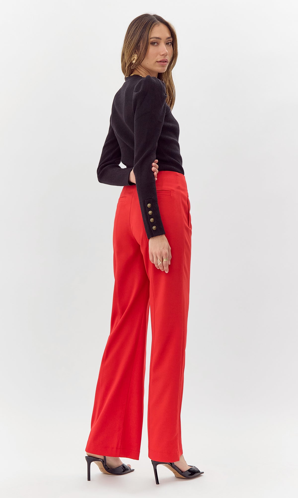 bright red wide leg mid rise slacks trousers