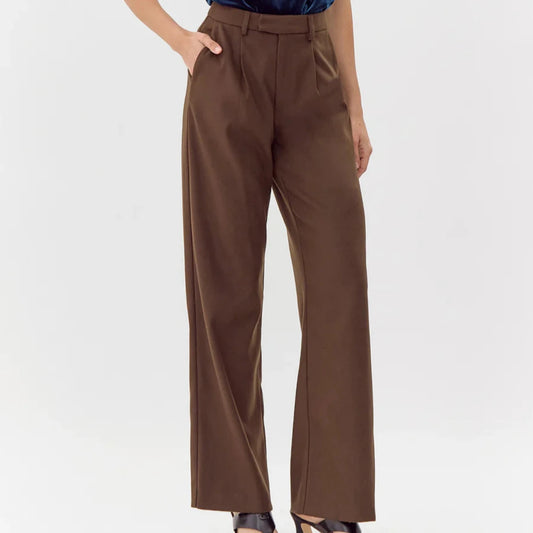 brown mid rise wide leg slacks with pockets and belt loops