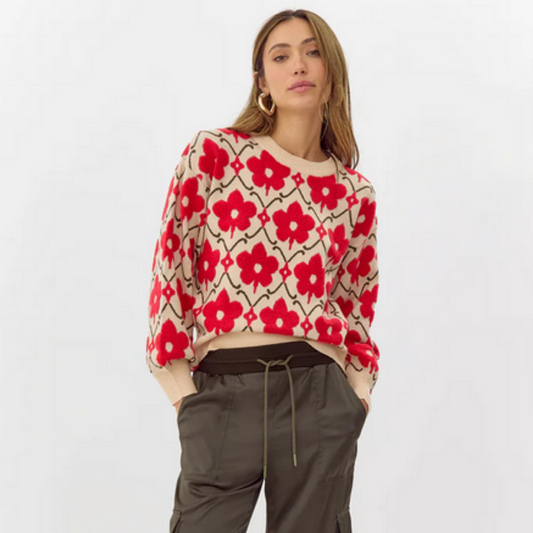 ivory crew neck sweater with big red flowers