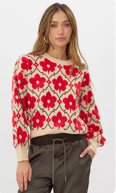 ivory crew neck sweater with big red flowers