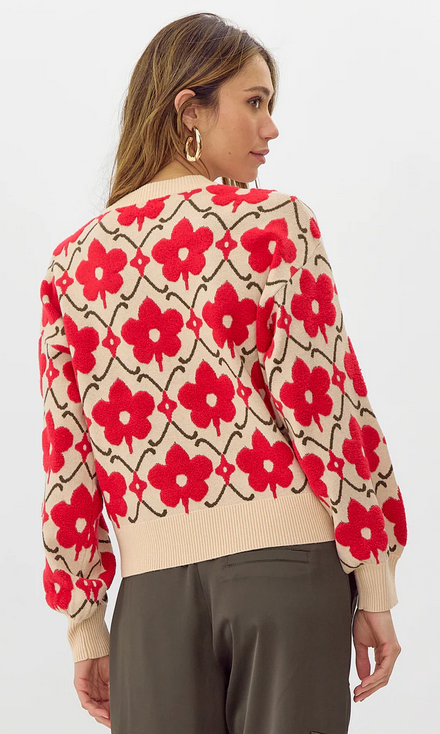 ivory crew neck sweater with big red flowers