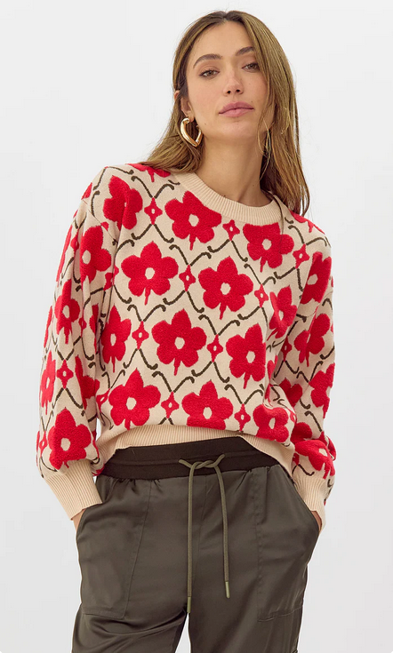 ivory crew neck sweater with big red flowers