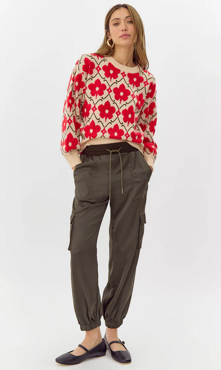 ivory crew neck sweater with big red flowers