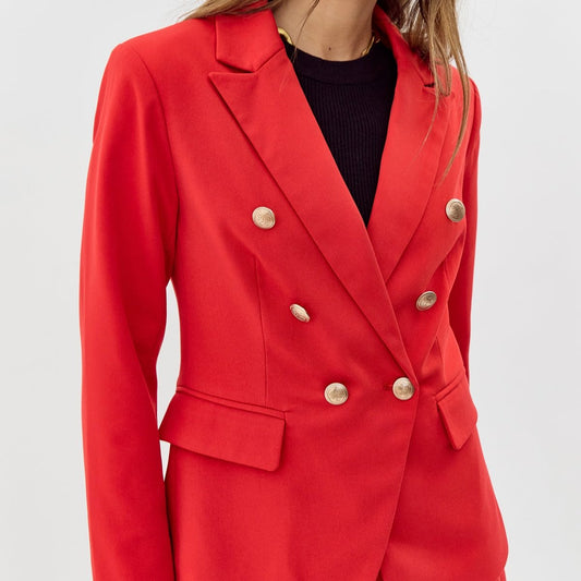 bright red blazer double-breasted with gold buttons