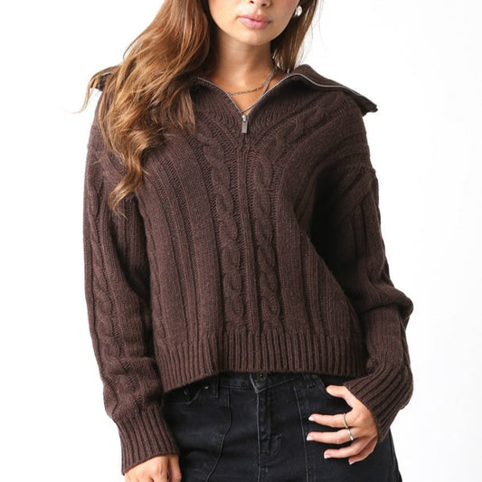 chocolate brown relaxed fit cable knit pullover quarter zip sweater