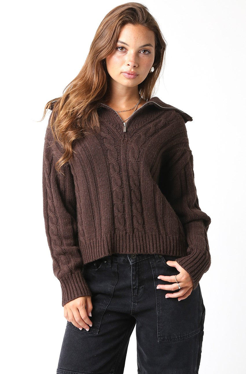 chocolate brown relaxed fit cable knit pullover quarter zip sweater