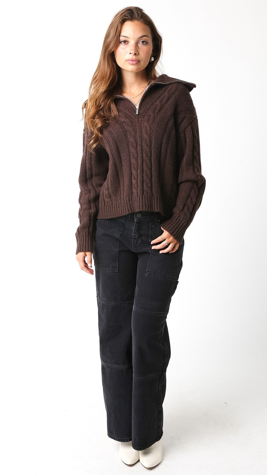 chocolate brown relaxed fit cable knit pullover quarter zip sweater