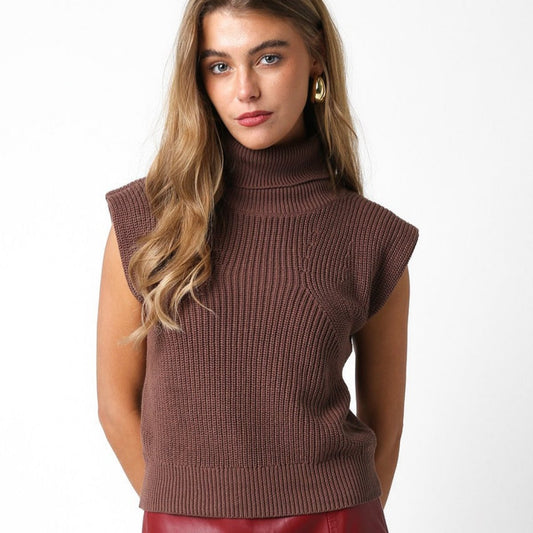 brown sleeveless ribbed turtleneck