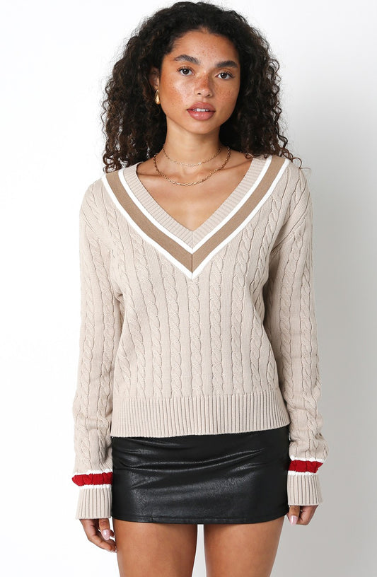 Stephanie Sweater | Varsity VNeck Pullover | Khaki Taupe | Olivaceous