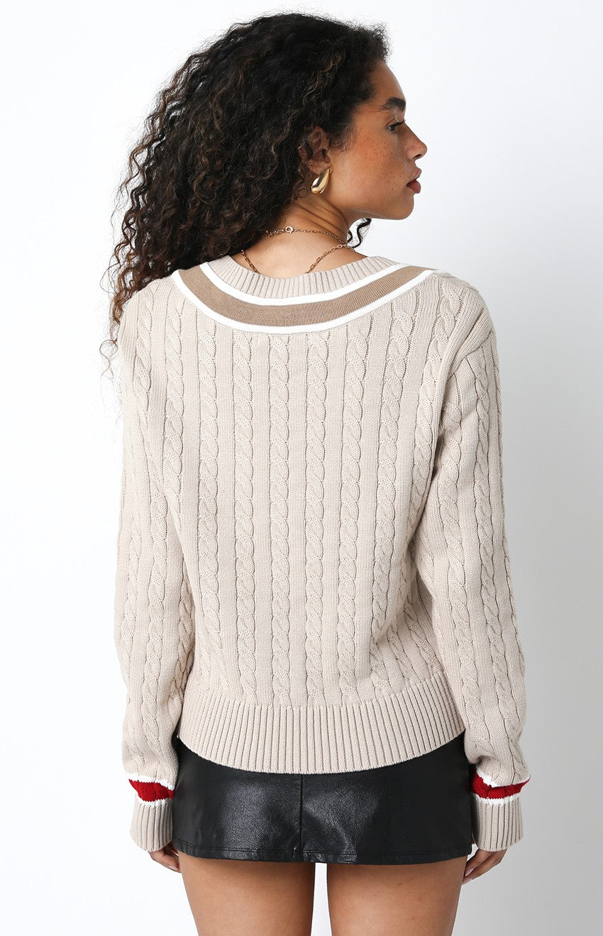 varsity vneck beige sweater with red and mocha trim cable knit