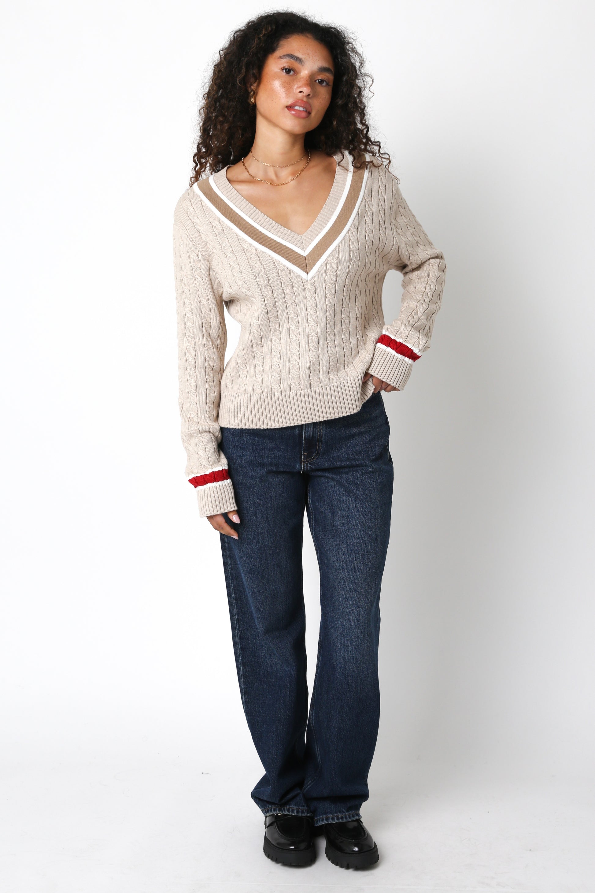 varsity vneck beige sweater with red and mocha trim cable knit