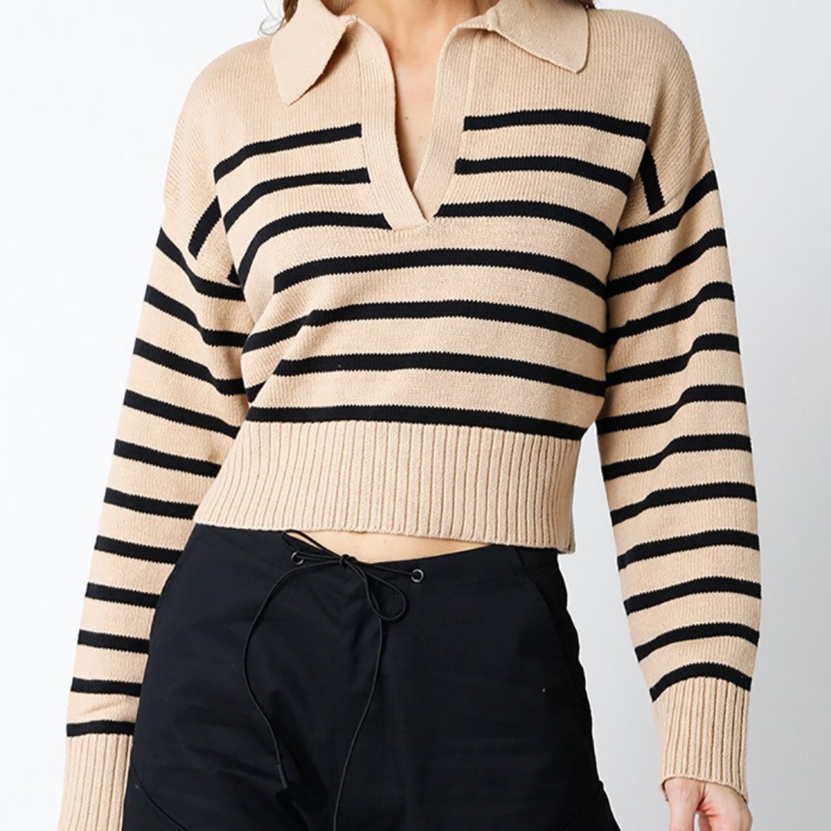 collared vneck taupe sweater with black stripes