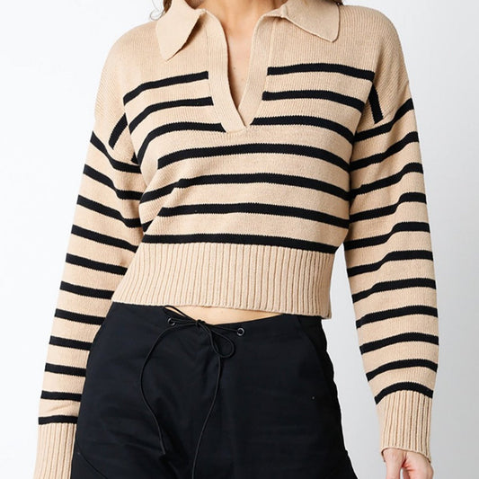 collared vneck taupe sweater with black stripes