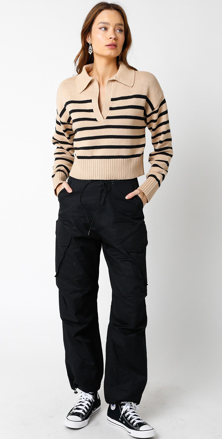 collared vneck taupe sweater with black stripes