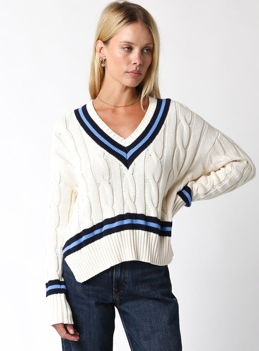 Renee Sweater | Varsity VNeck Relaxed Fit | Cream with Navy