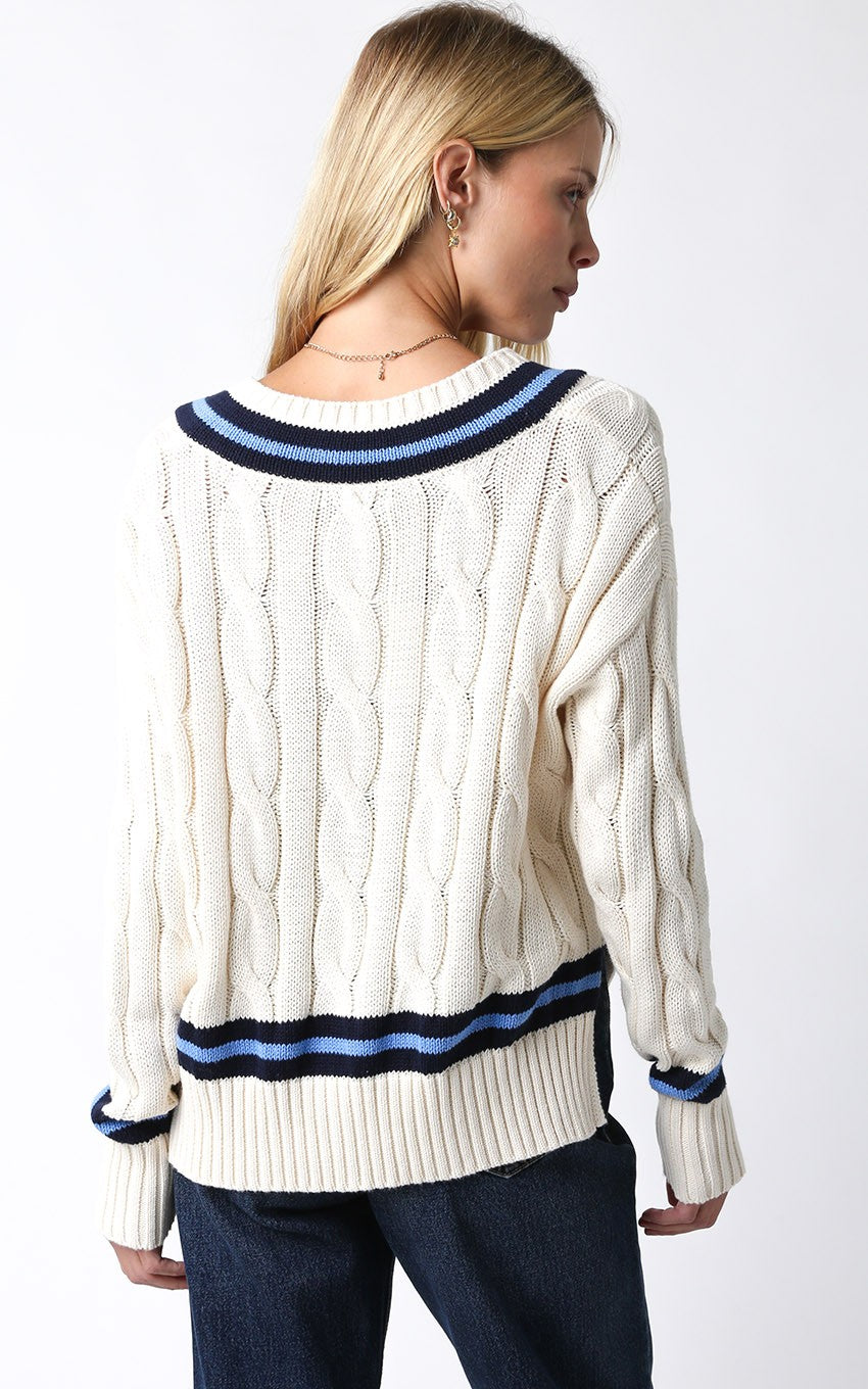 Renee Sweater | Varsity VNeck Relaxed Fit | Cream with Navy