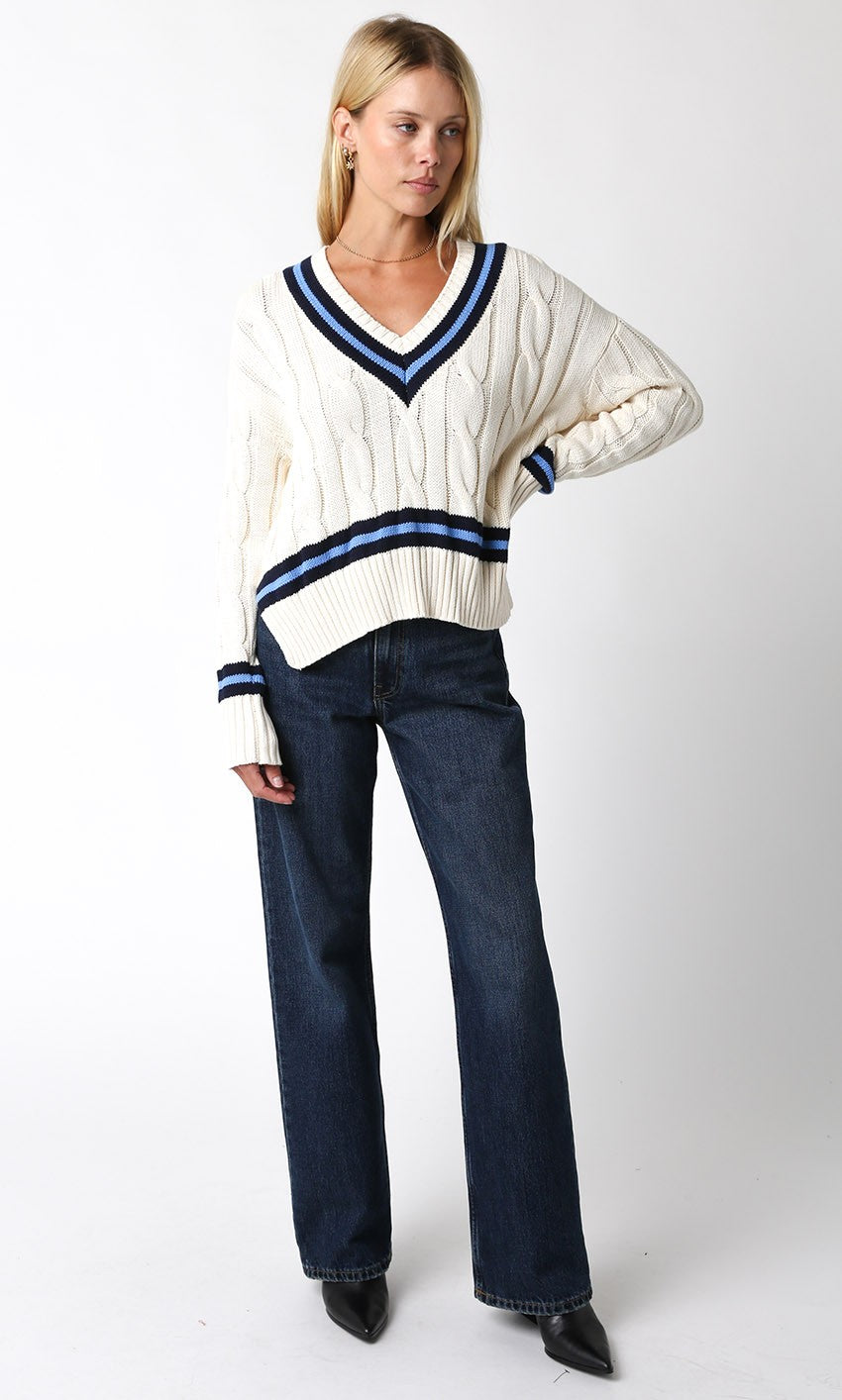 Renee Sweater | Varsity VNeck Relaxed Fit | Cream with Navy