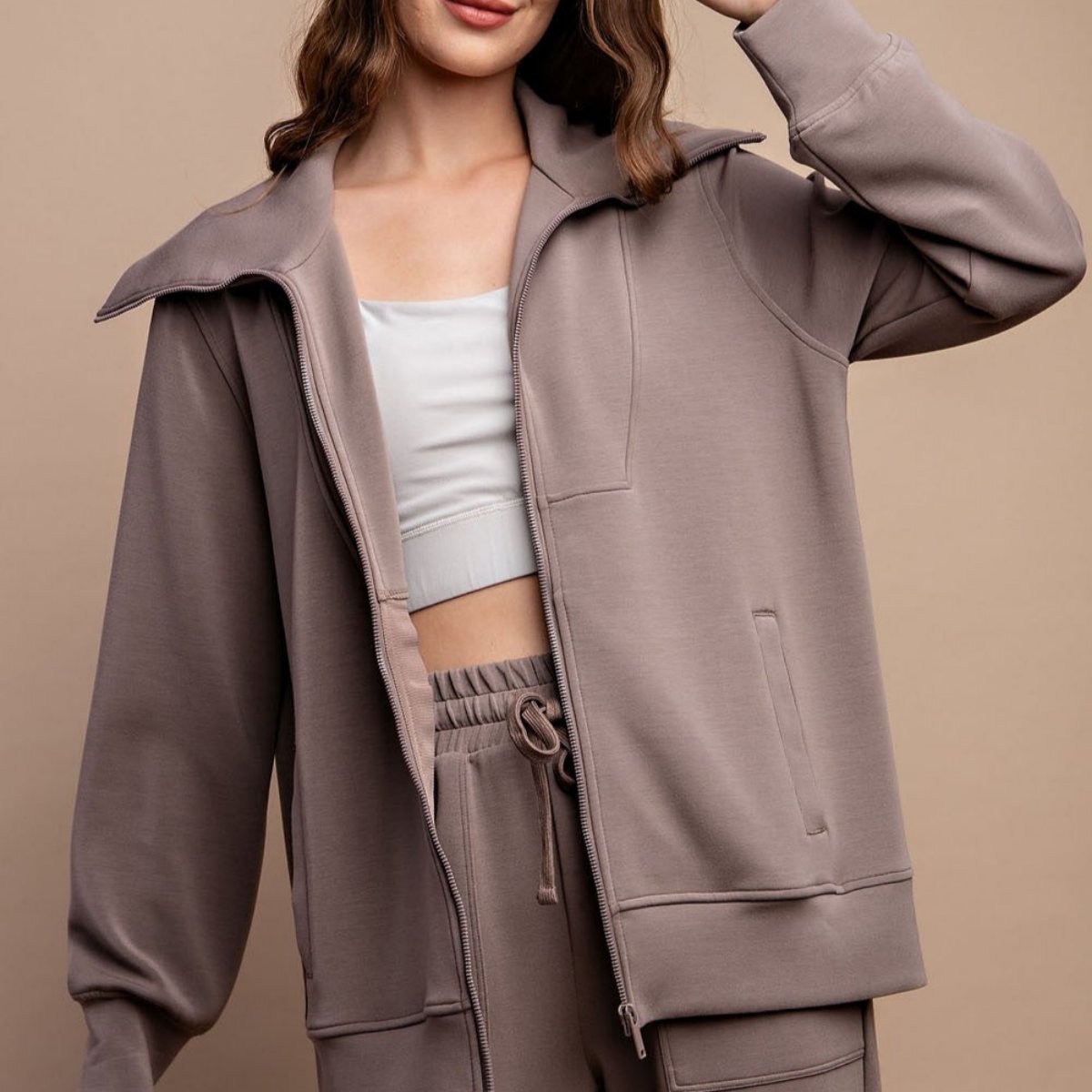 light brown fully zip oversized athleisure jacket with pockets