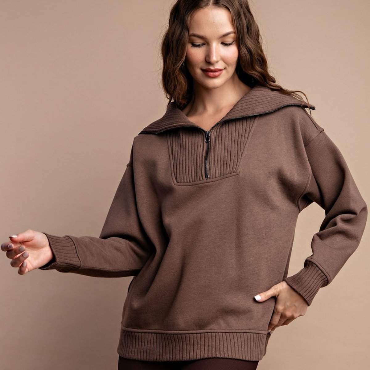 brown quarter zip oversized pullover