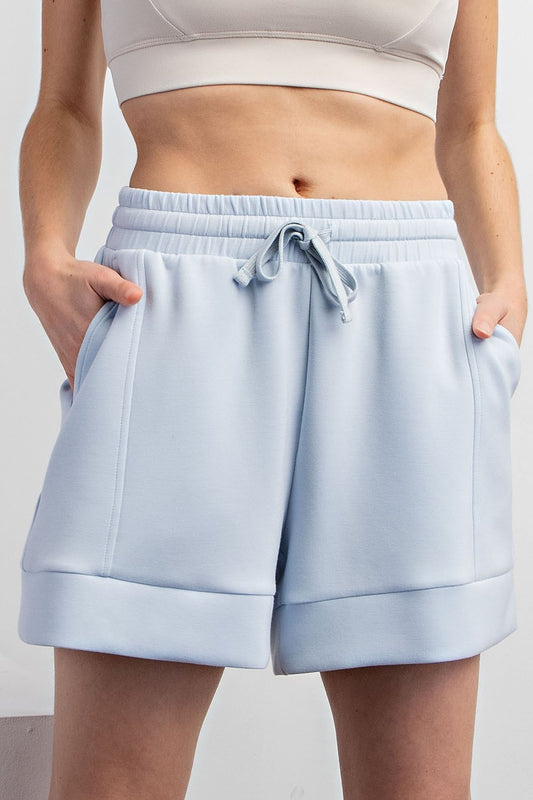 light blue scuba shorts with pockets & drawstring waist