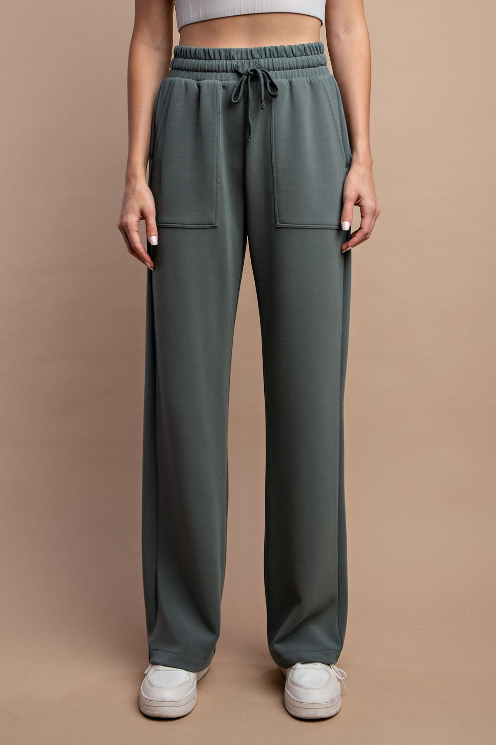 dark green lounge pants wide leg with pockets and drawstring waist