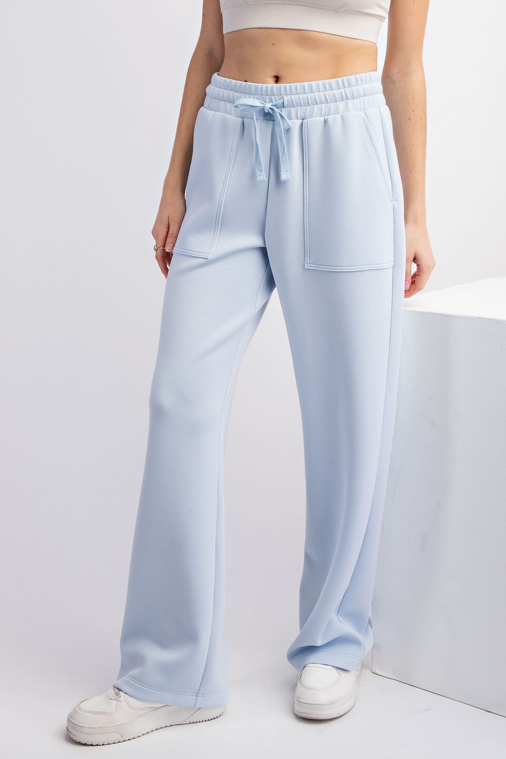 light blue lounge pants wide leg with pockets and drawstring waist