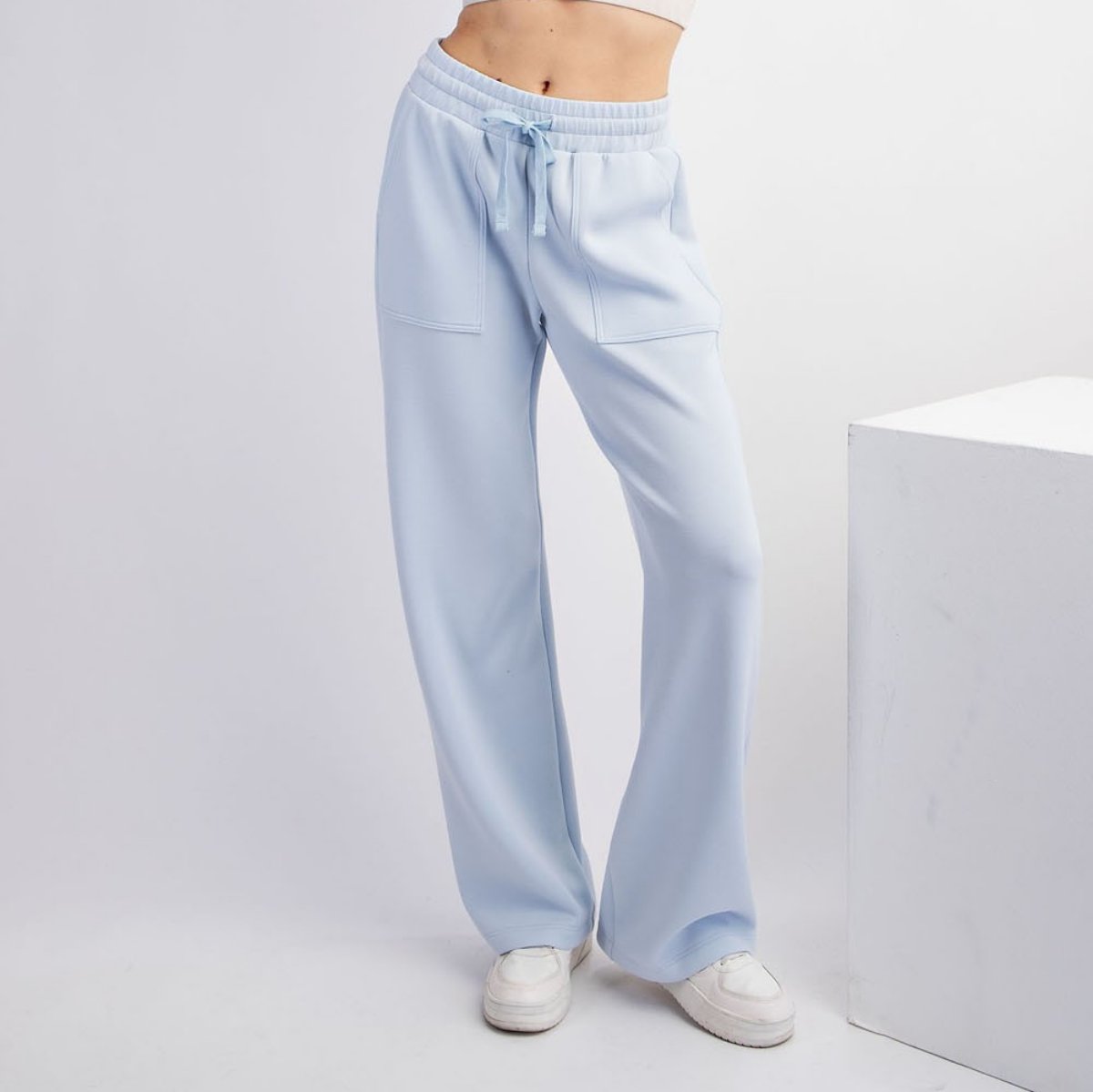 light blue lounge pants wide leg with pockets and drawstring waist