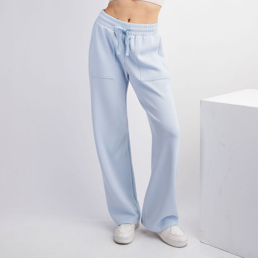 light blue lounge pants wide leg with pockets and drawstring waist