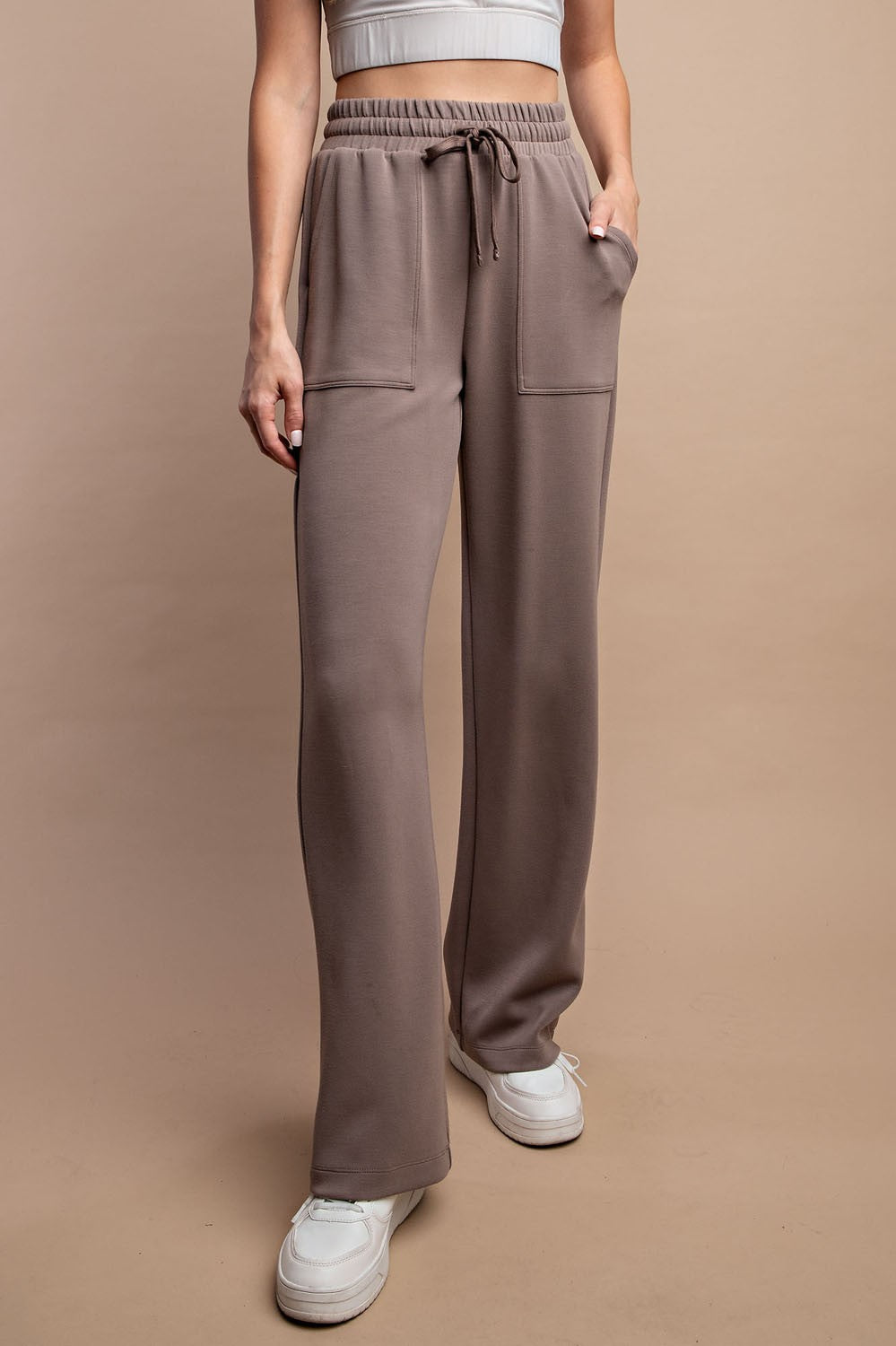 latte brown lounge pants wide leg with pockets and drawstring waist