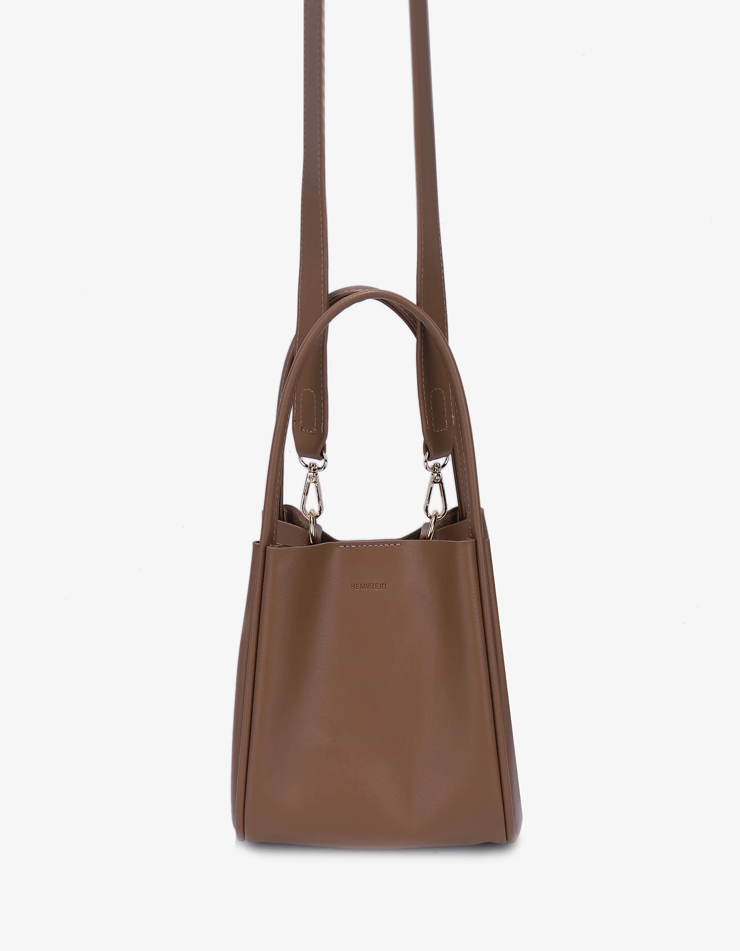 chocolate brown taupe soft leather tote with handles and detachable crossbody strap