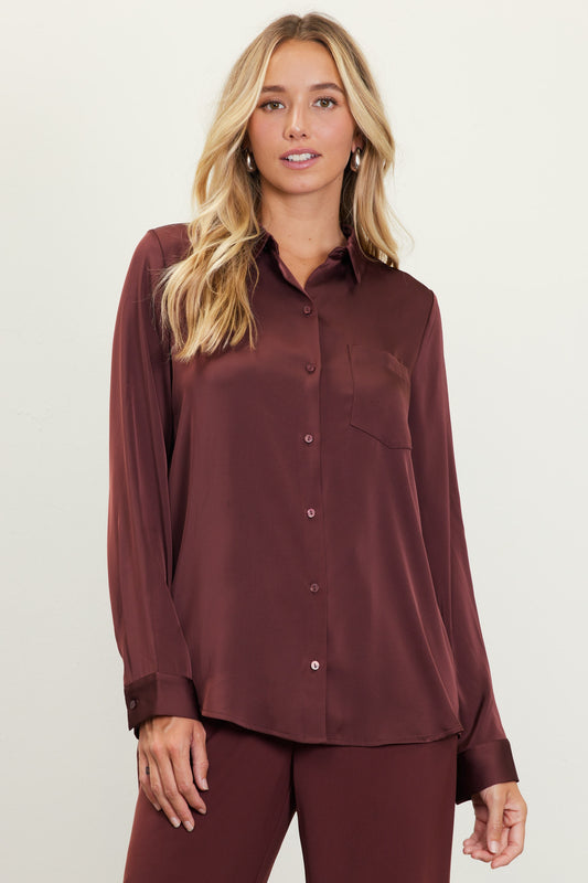 Satin Button Down Shirt | Long Sleeve Blouse | 2 Colors - Chocolate & Petal Pink Blush