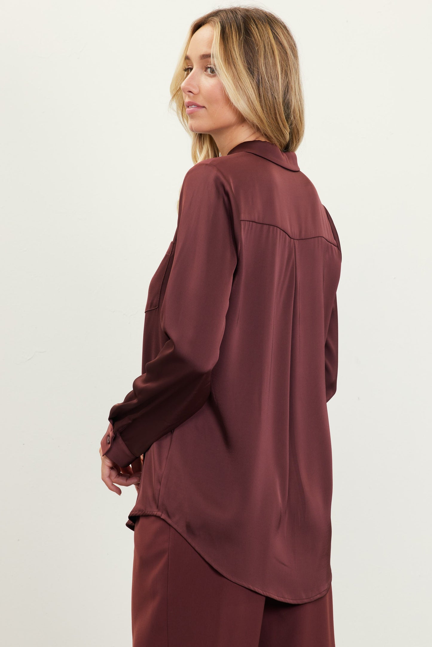 Satin Button Down Shirt | Long Sleeve Blouse | 2 Colors - Chocolate & Petal Pink Blush