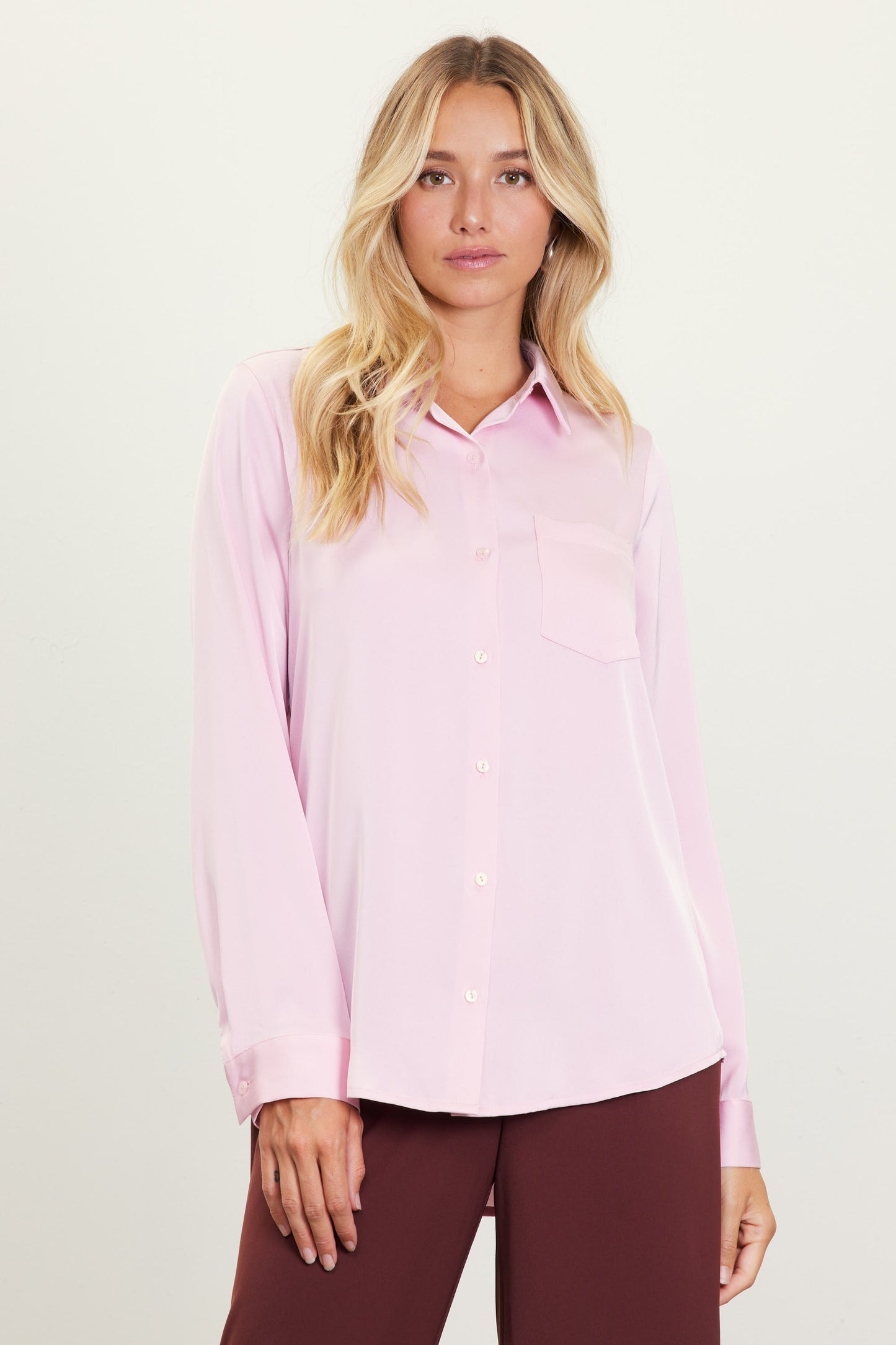 Satin Button Down Shirt | Long Sleeve Blouse | 2 Colors - Chocolate & Petal Pink Blush