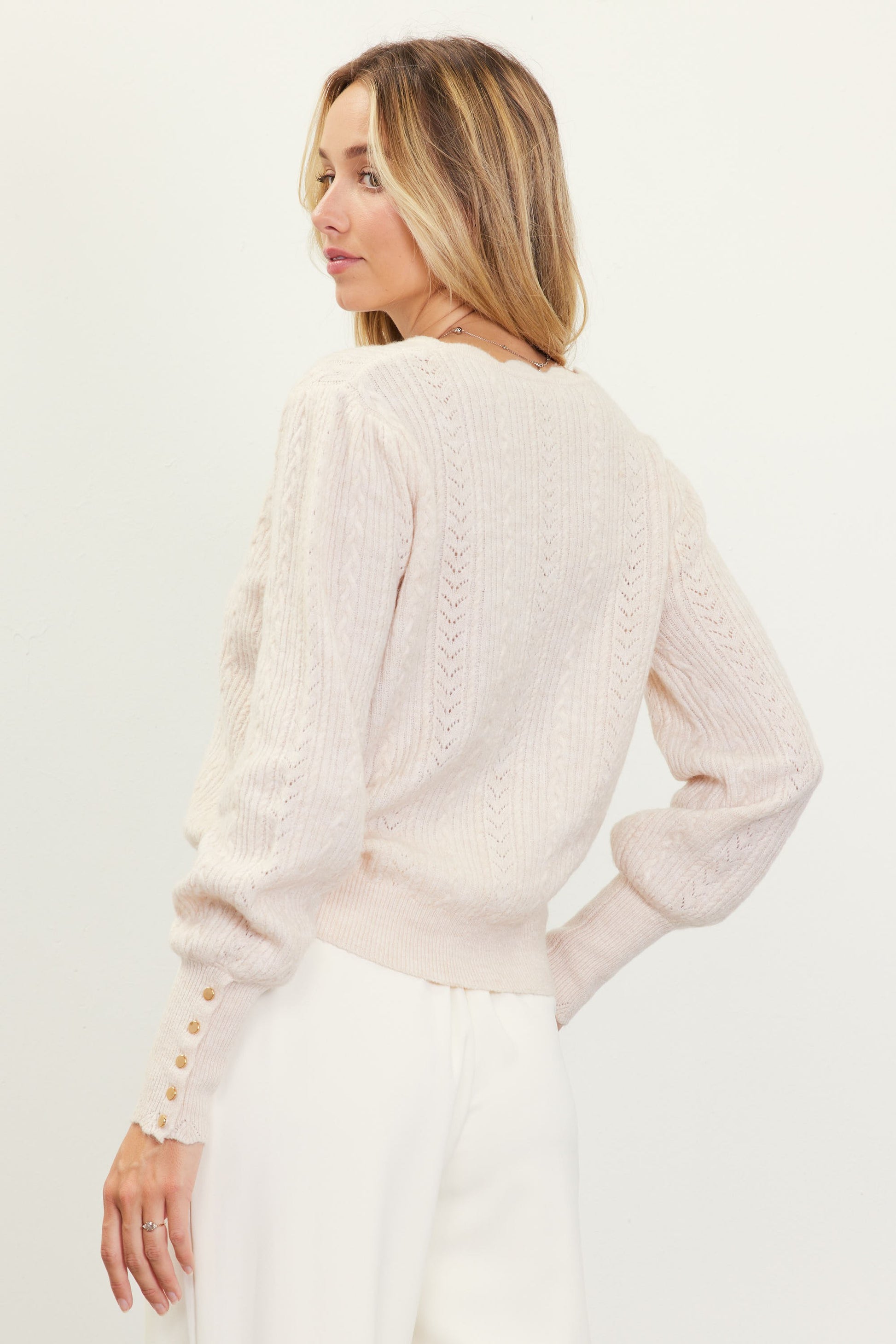 scallop neckline lightweight sweater in beige