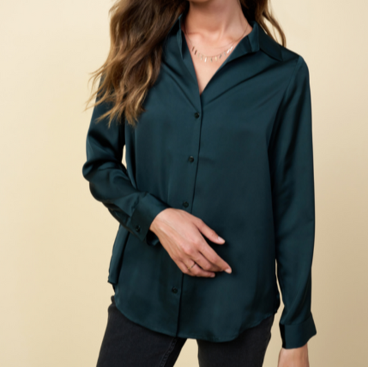 emerald green button down satin blouse