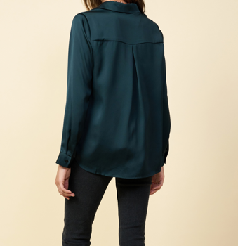 emerald green button down satin blouse