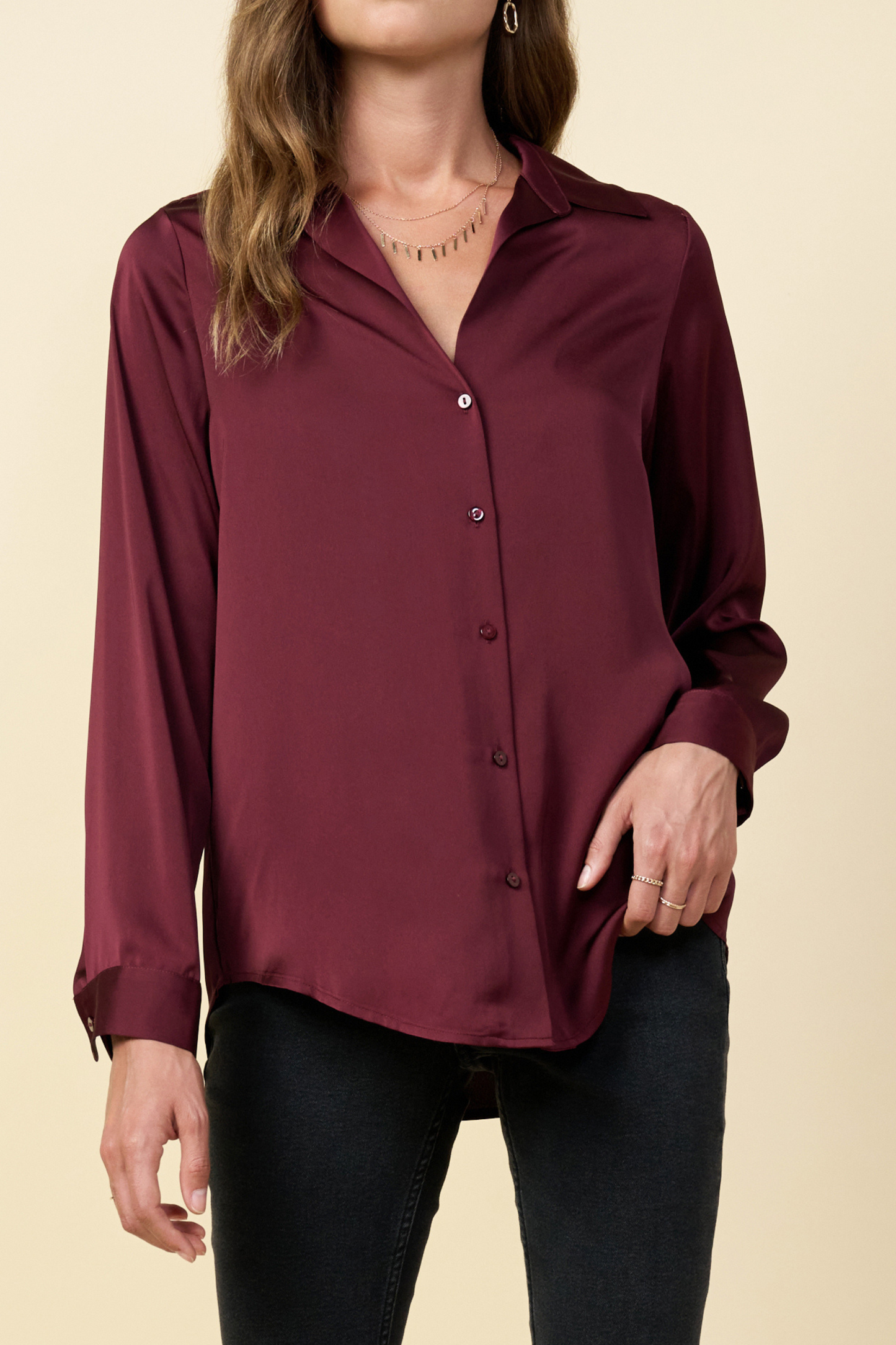 burgundy button down satin blouse