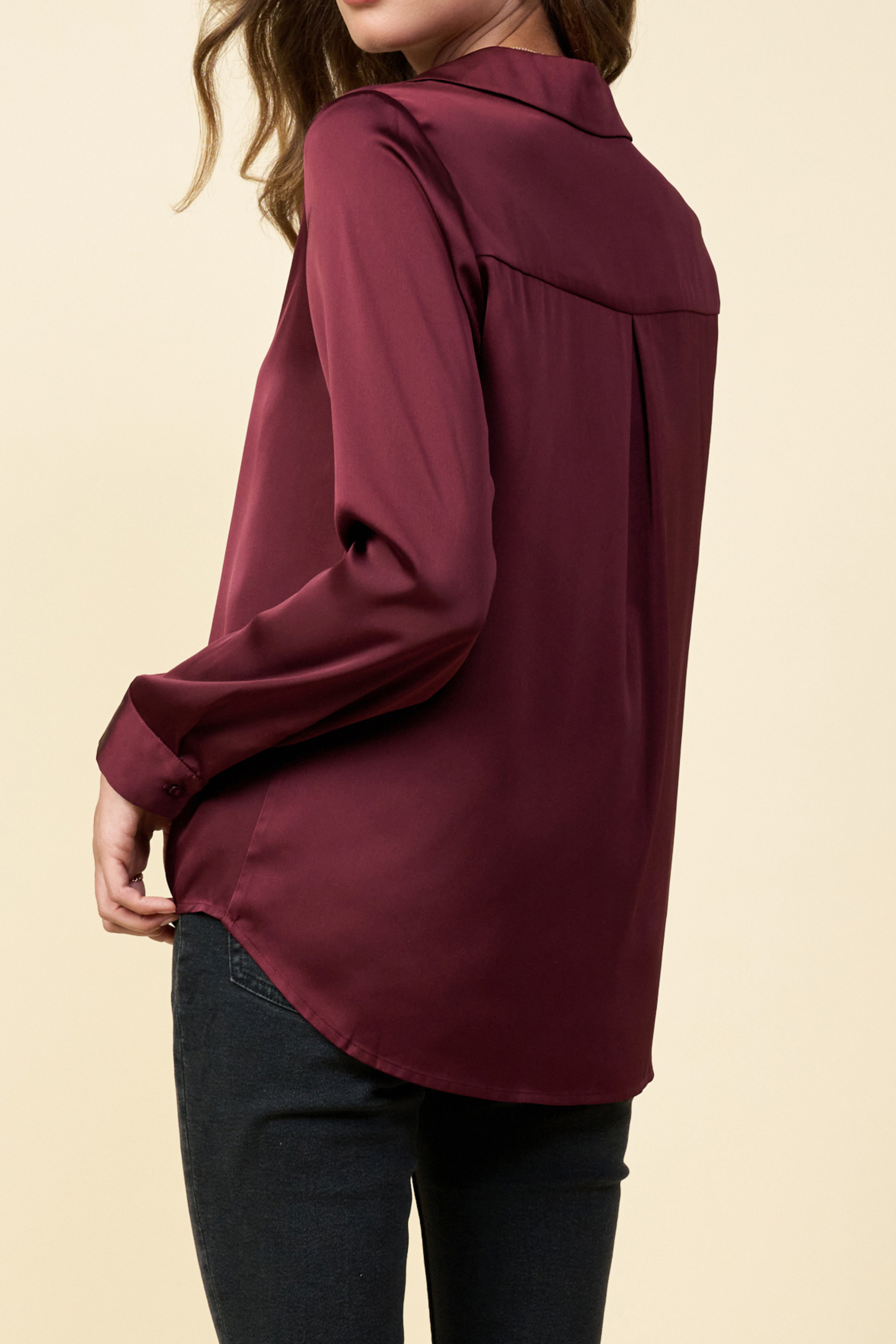 burgundy button down satin blouse