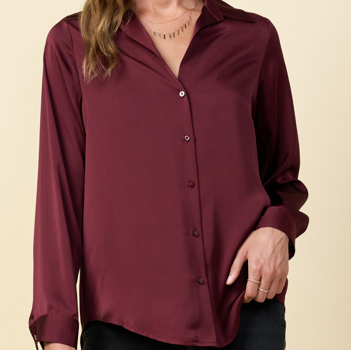 burgundy button down satin blouse