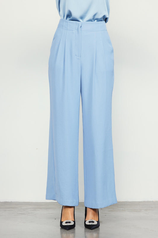 Wide Leg Pants | Trousers Slacks with Cinched Elastic Waist | Powder Blue | Skies Are Blue