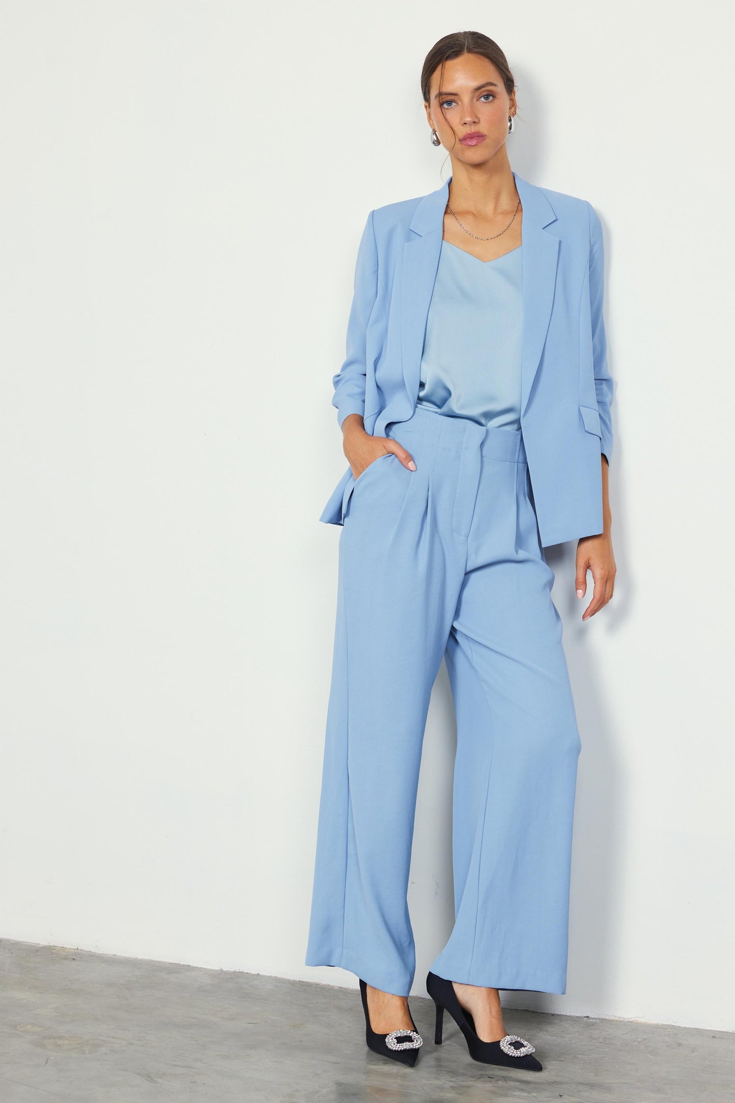 Wide Leg Pants | Trousers Slacks with Cinched Elastic Waist | Powder Blue | Skies Are Blue