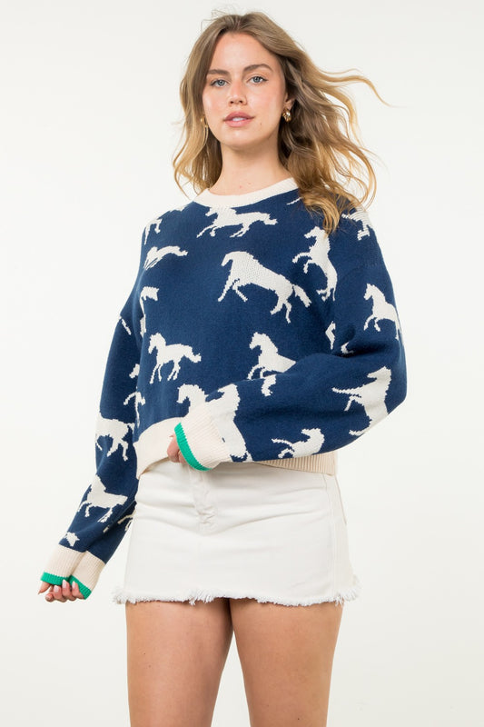 Knit Horse Sweater | Long Sleeve Trim | Navy Cream | THML