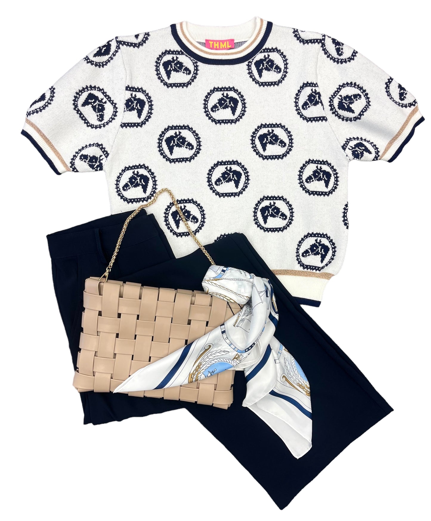 Short Sleeve Sweater | Horse Knit Top | Ivory with Navy & Gold | THML